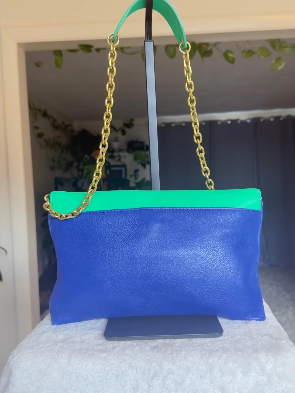 J.Crew Invitation Pebbled Leather Colorblock Envelope Clutch Chain Bag Blue Gree